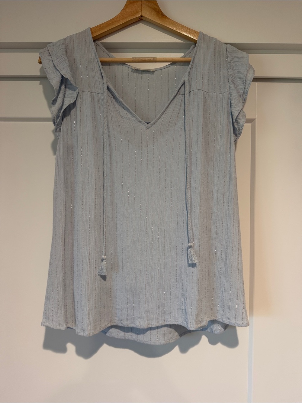 Lovestitch Light Blue Tassel V-Neck Cap Sleeve Blouse with Metallic Strips